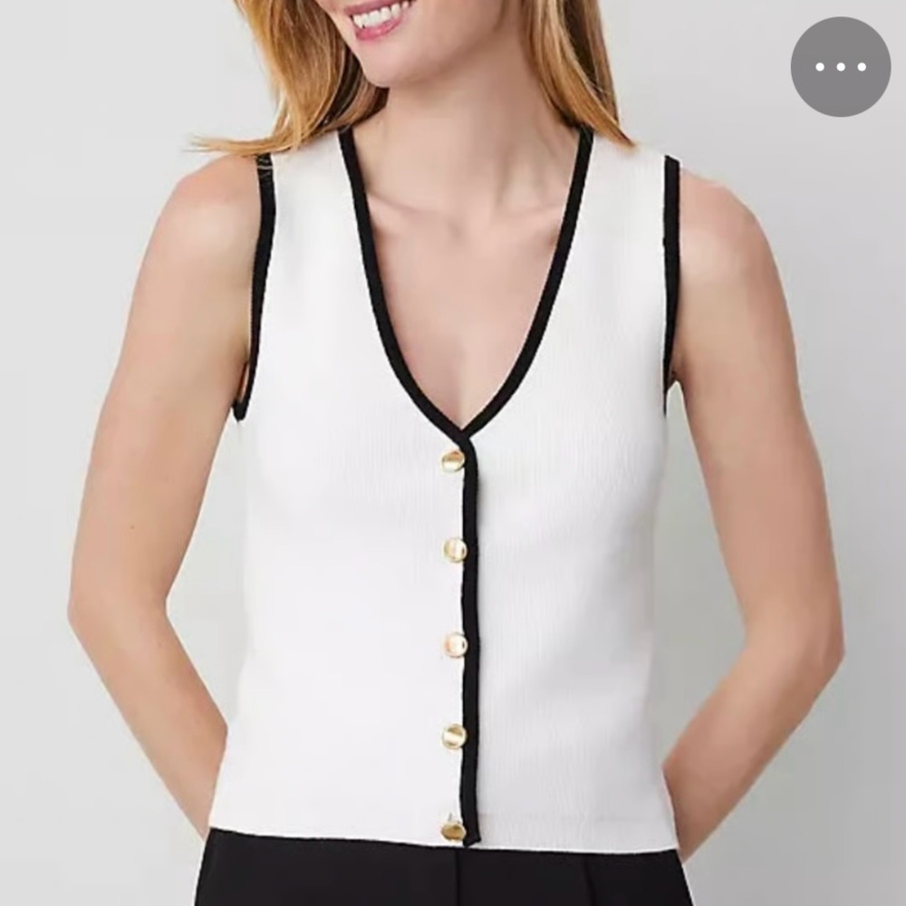 Ann Taylor Cream Knit Sleeveless Vest with Black Trim